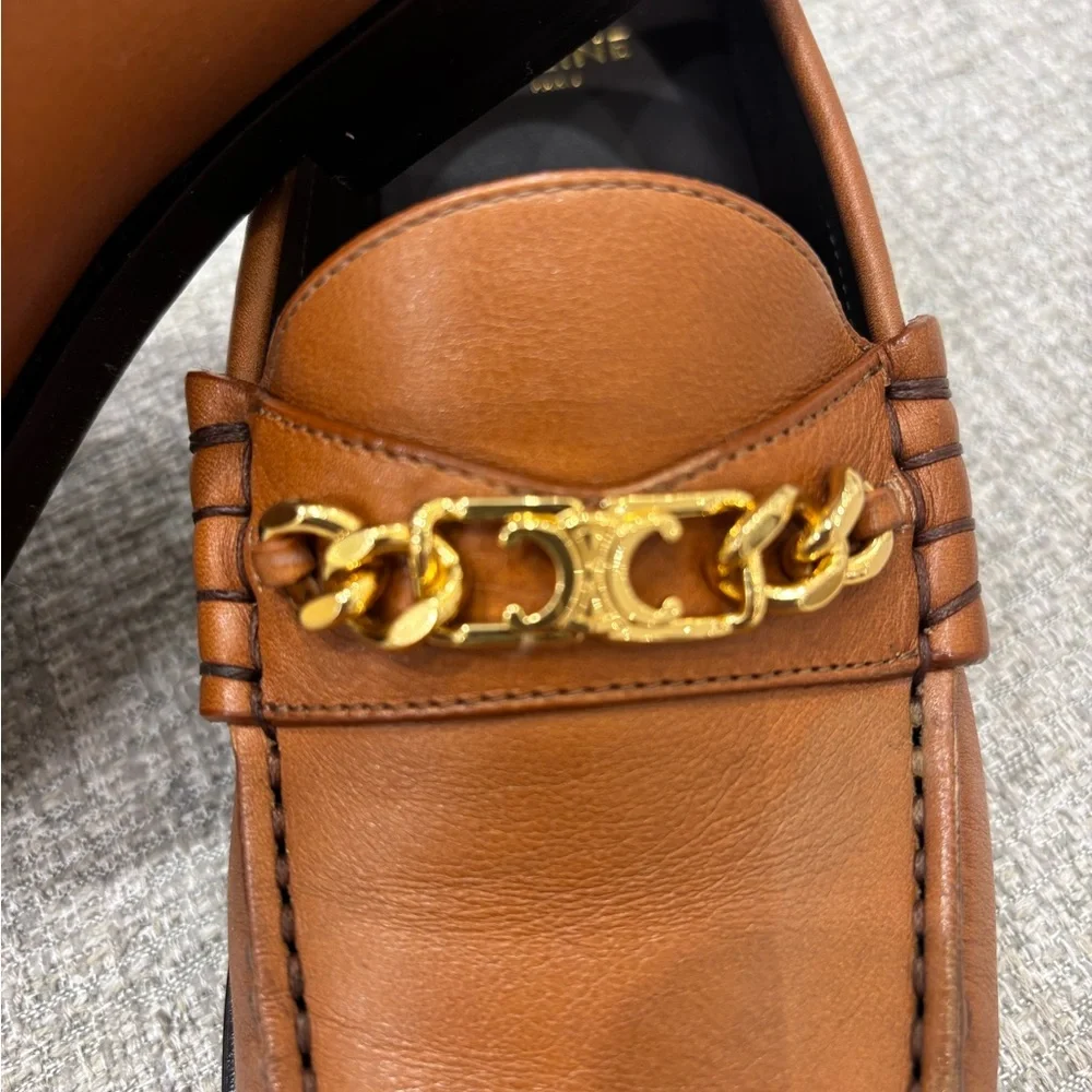 CELINE - Leather Loafers with Gold Chain. AVAIL